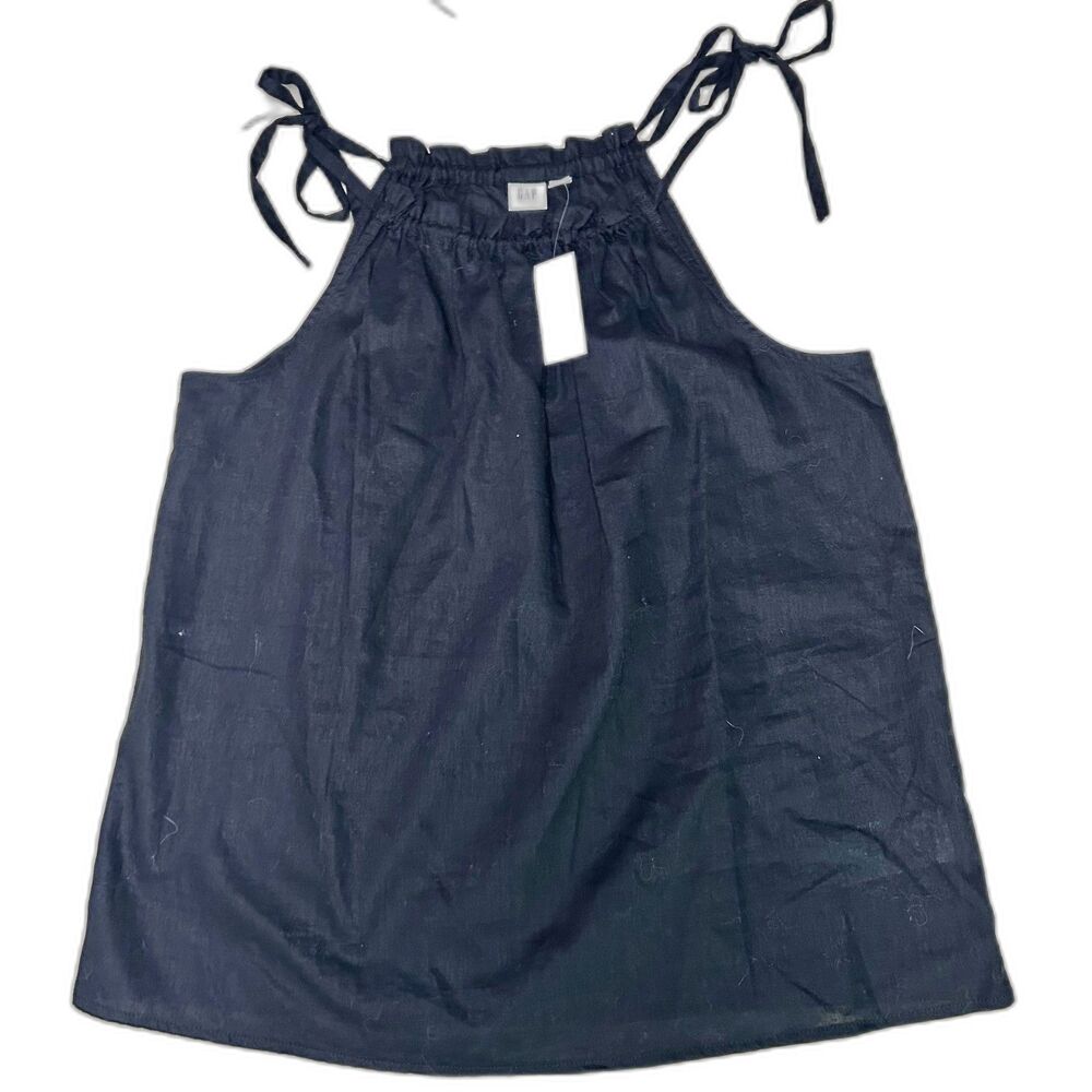 NWT GAP black linen-blend ruffle neck string tie halter top XS